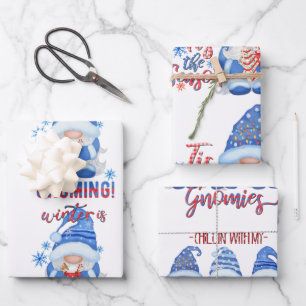 Winter Blue, White and Red Gnomes Wrapping Paper Sheet