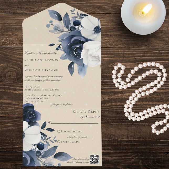 Winter Blue & White Floral on Blush QR Code  All In One Invitation (Creator Uploaded)