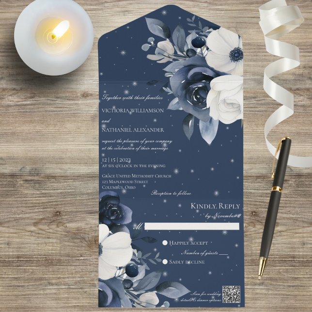 Winter Blue & White Floral on Navy Blue QR Code  All In One Invitation (Creator Uploaded)