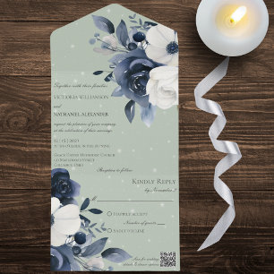 Winter Blue & White Floral on Sage Green QR Code All In One Invitation