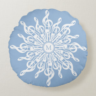 Winter Blue White Snowflake Music Notes Monogram Round Cushion