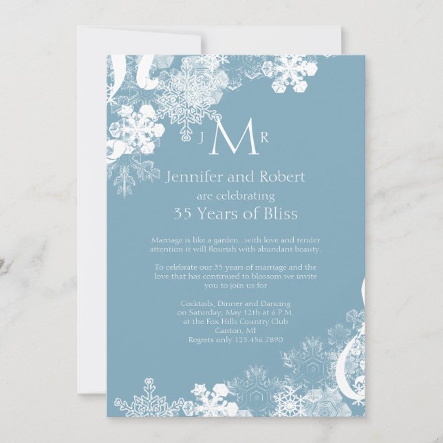 Winter Blue White Snowflake Wedding Anniversary Invitation (Front)