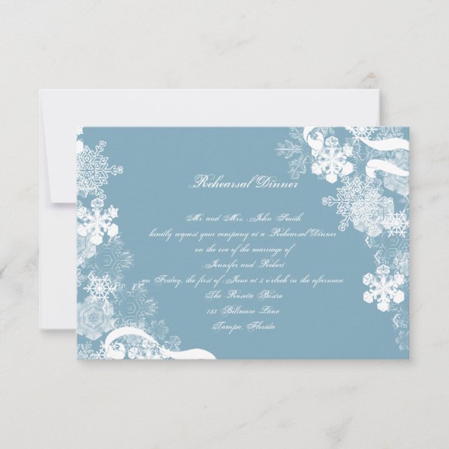 Winter Blue White Snowflake Wedding Rehearsal Invitation (Front)