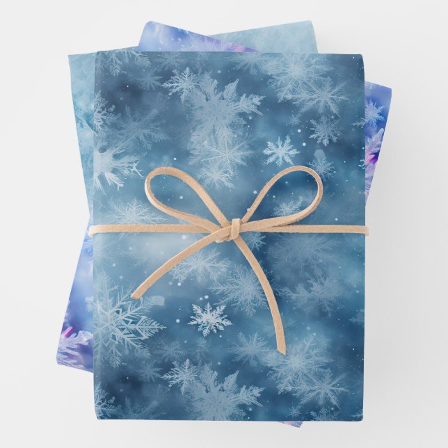 Winter Blue White Snowflakes Christmas Wrapping Paper Sheet (In situ)