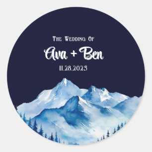 Winter Blue White Snowy Mountains Wedding Classic Round Sticker
