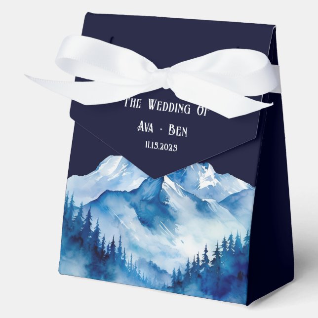 Winter Blue White Snowy Mountains Wedding Favour Box (Front)