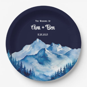 Winter Blue White Snowy Mountains Wedding Paper Plate