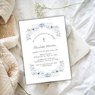 Winter Blue Wildflower Wreath Cross Baptism Invitation