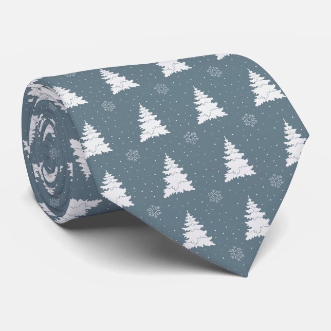 Winter Blue with White Pine Tree Pattern Tie (Rolled)