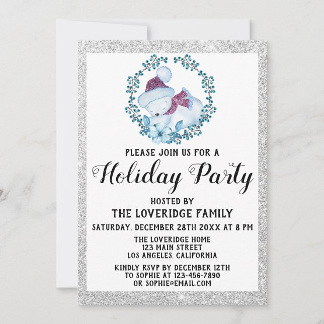 Winter Blue Wreath Christmas Holiday Party Silver Invitation (Front)