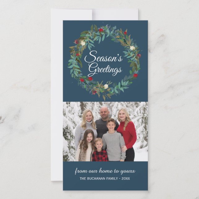 Winter Blue Wreath Christmas Photo Card (Front)