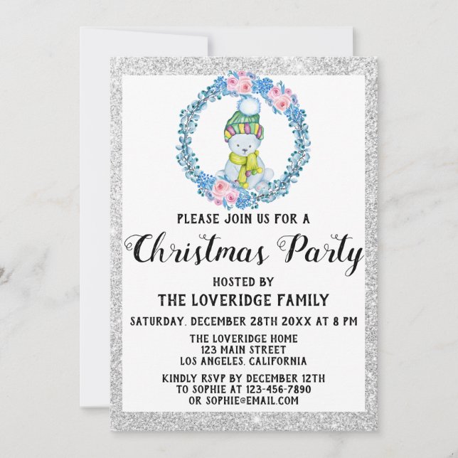 Winter Blue Wreath Holiday Christmas Party Silver Invitation (Front)
