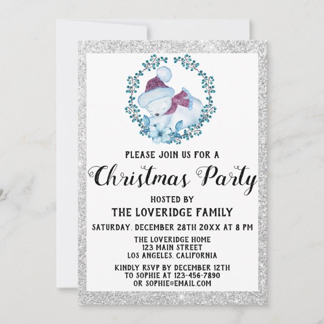 Winter Blue Wreath Holiday Christmas Party Silver Invitation (Front)
