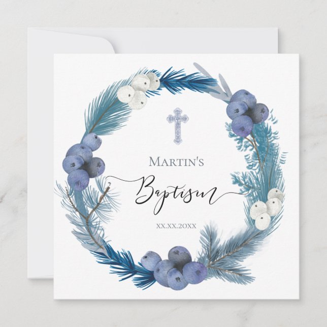 winter blue wreath watercolor Baptism  Invitation (Front)