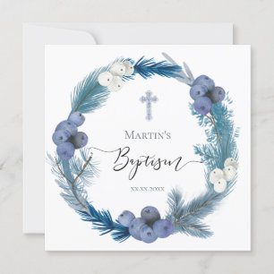 winter blue wreath watercolor Baptism  Invitation