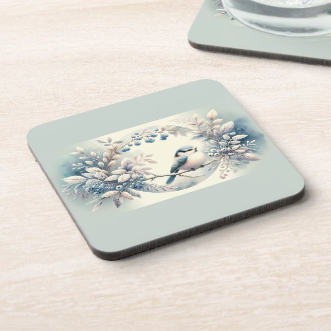 Winter Bluebird Berry Wreath Coaster (Left Side)