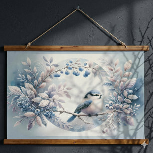 Winter Bluebird Berry Wreath Hanging Tapestry