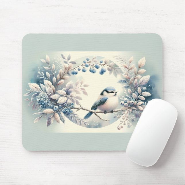 Winter Bluebird Berry Wreath Mouse Mat (With Mouse)