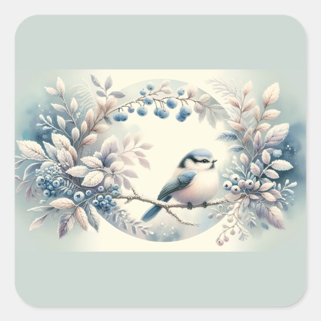 Winter Bluebird Berry Wreath Square Sticker (Front)