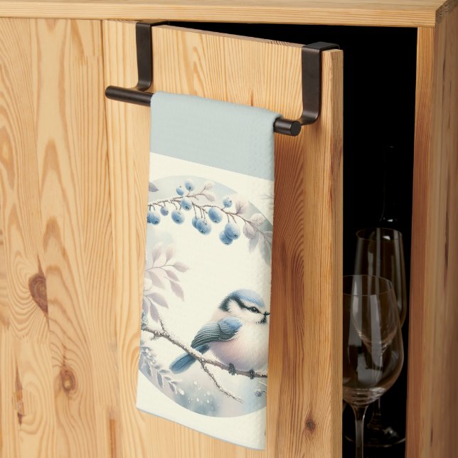 Winter Bluebird Berry Wreath Tea Towel (Thirds Fold)