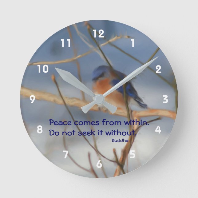 Winter Bluebird Buddha Peace Inspirational Quote  Round Clock (Front)