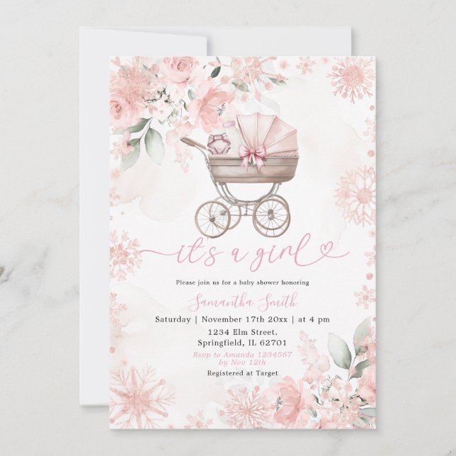 Winter Blush Floral Baby Carriage Baby Shower Invitation (Front)