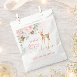 Winter blush pink first birthday deer favour bags