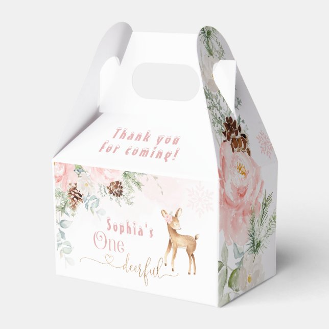 Winter blush pink first birthday deer favour box (Front Side)