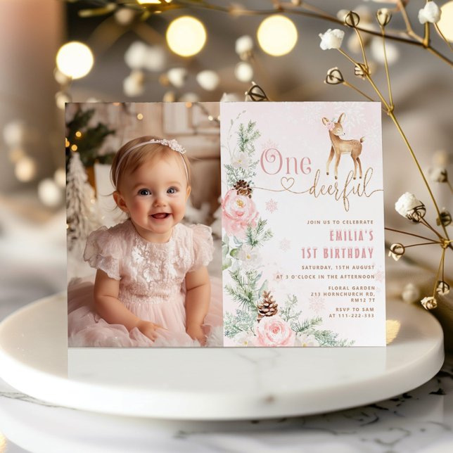 Winter Blush pink One-deer-ful 1st birthday photo Invitation (Creator Uploaded)