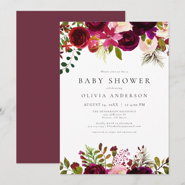 Winter Bohemian Burgundy Floral Baby Shower Invitation (Front/Back)