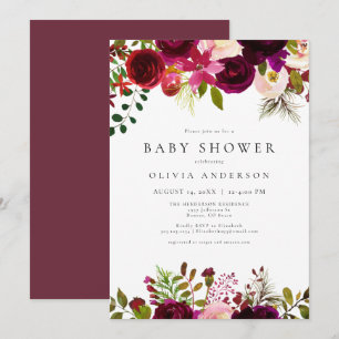 Winter Bohemian Burgundy Floral Baby Shower Invitation