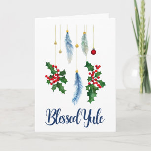 Winter Boho Blue Feathers & Holly Yule Solstice Card