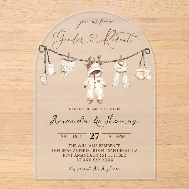 Winter Boho Clothesline Gender Reveal Acrylic Invitations (Front)