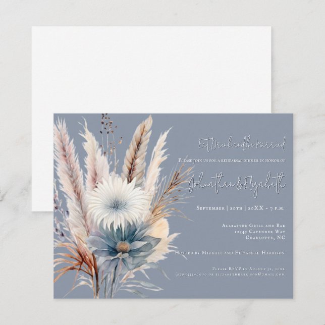 Winter Boho Floral | Blue Rehearsal Dinner Invitation (Front/Back)