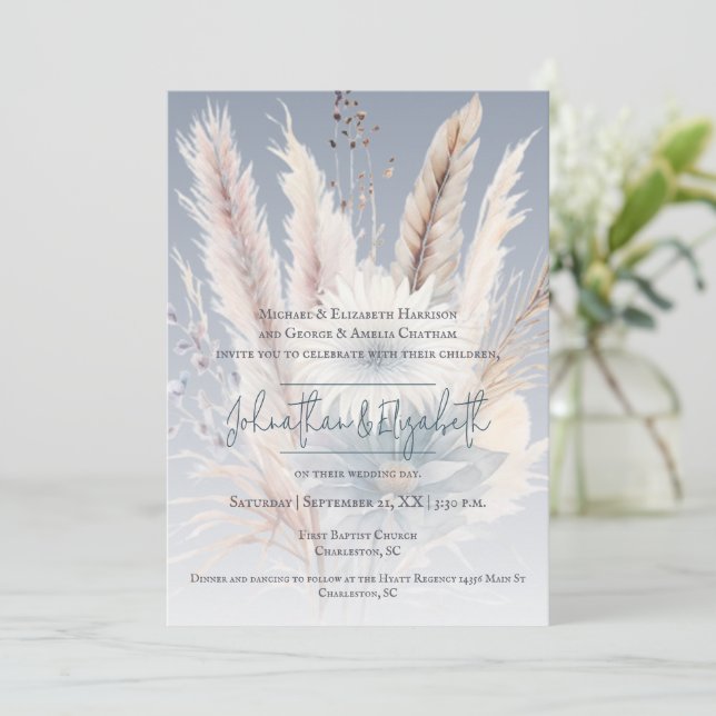 Winter Boho Floral Wedding | Blue Invitation (Standing Front)