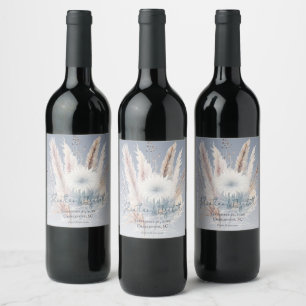 Winter Boho Floral Wedding Blue Wine Label