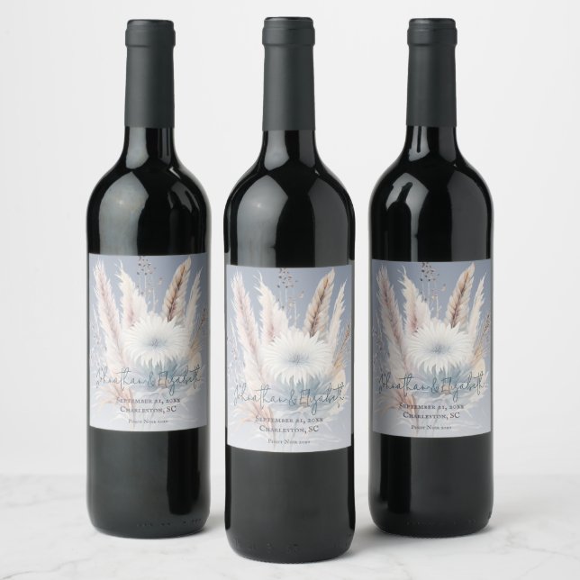 Winter Boho Floral Wedding | Blue Wine Label (Bottles)
