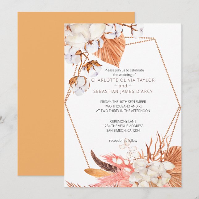 Winter Boho Flower Leaves Feather Wedding Invitation (Front/Back)