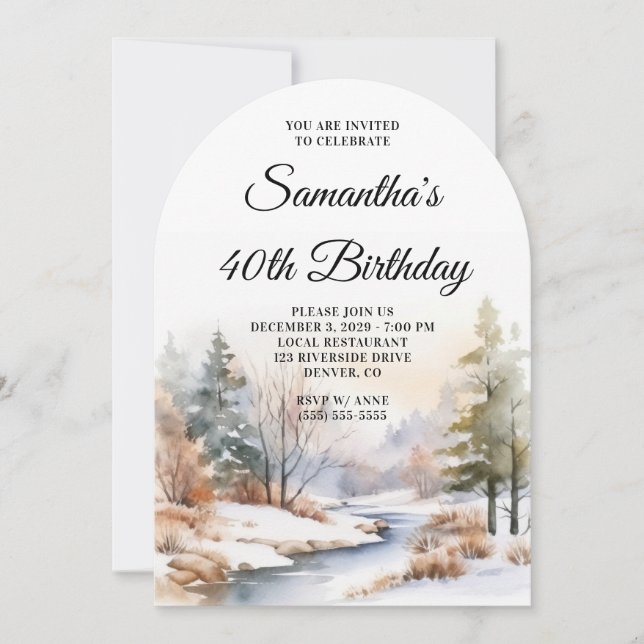 Winter Boho Forest Watercolor Photo 40th Birthday Invitation (Front)