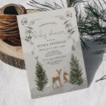 Winter Boho Woodland Baby Shower Invitation Card<br><div class="desc">This beautiful baby shower invitation is perfect for any mum-to-be! This design features a beautiful winter woodland scene that includes a baby deer, fox, rabbit and winter bird. Softly falling snow covers the pine trees and distant hills. Modern playful fonts complete this design. See the entire collection for more matching...</div>