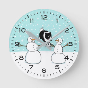 Winter Border Collie with Snowmen Cute Dog Round Clock