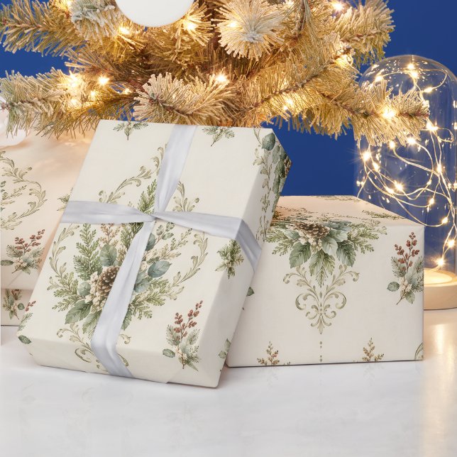Winter Botanica Damask Botanical Medallion Wrapping Paper (Holidays)