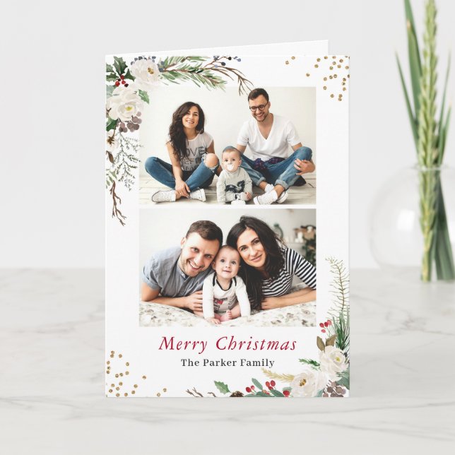 Winter Botanical 2 Photos Collage Folded Greeting Holiday Card (Front)