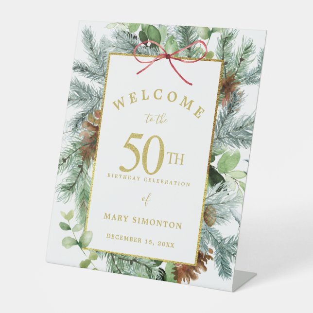 Winter Botanical 50th Birthday Party Welcome Pedestal Sign (Front)
