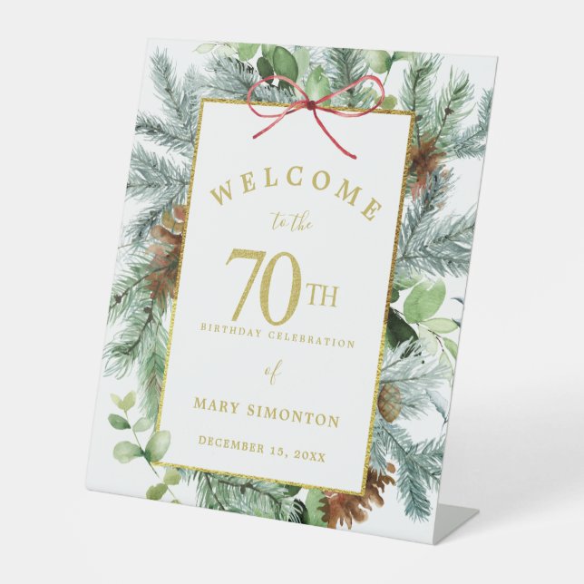 Winter Botanical 70th Birthday Party Welcome Pedestal Sign (Front)