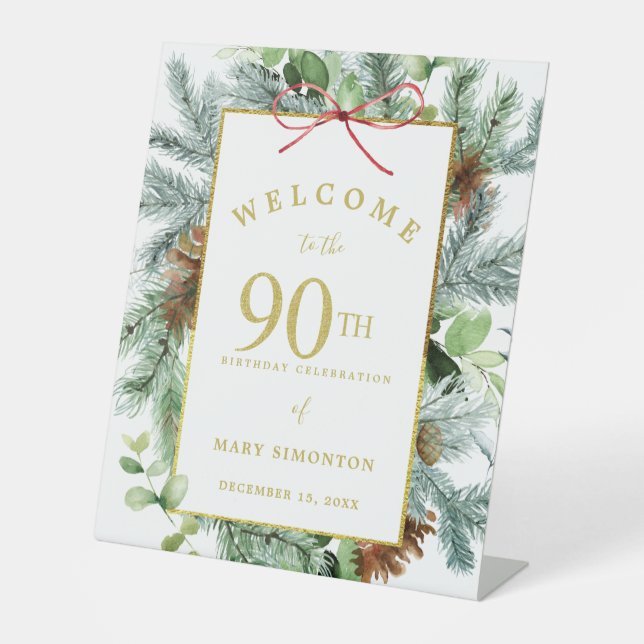 Winter Botanical 90th Birthday Party Welcome Pedestal Sign (Front)