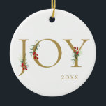 Winter Botanical Adorned Joy Christmas Ornament<br><div class="desc">Winter botanical boughs,  branches,  and berries. Adorned "JOY",  festive gold Christmas ornament.</div>