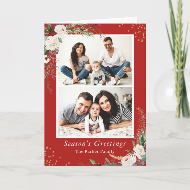 Winter Botanical Berries Red Gold Glitters 2 Photo Holiday Card (Front)