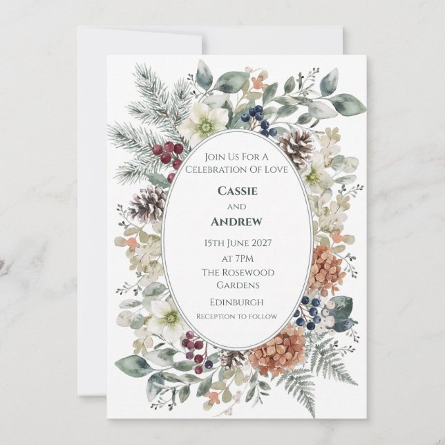Winter Botanical Berry Wedding Invitation (Front)