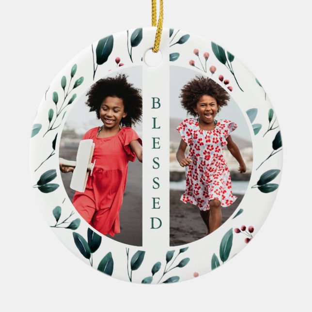 Winter Botanical Blessed Typography Two Photo  Ceramic Tree Decoration (Front)